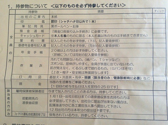 トヨタ期間工持参物